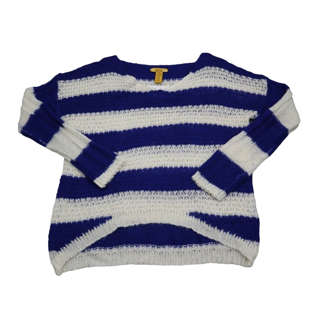 Finesse Sweater Womens M White Blue Long Sleeve Round Neck Stripe Knit Pullover